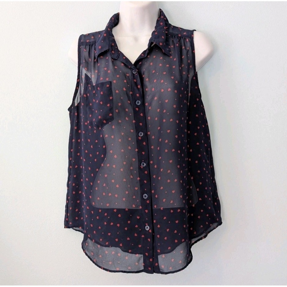 AB Studio Sheer Heart Print Button Up Top Women's Medium Blue Sleeveless
